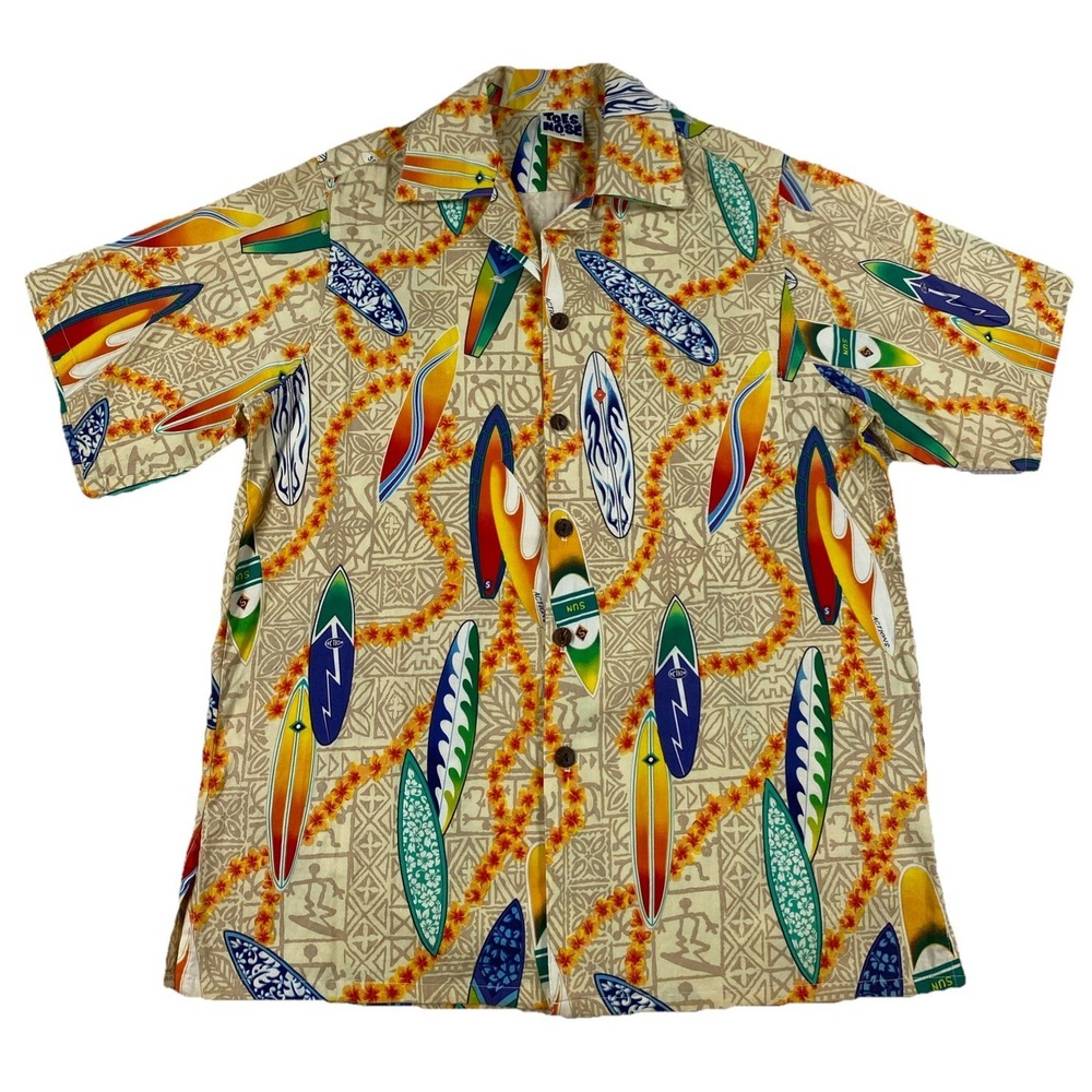 Toes on the Nose Hawaiian Aloha Shirt Surfboards Floral Cotton Men's Medium